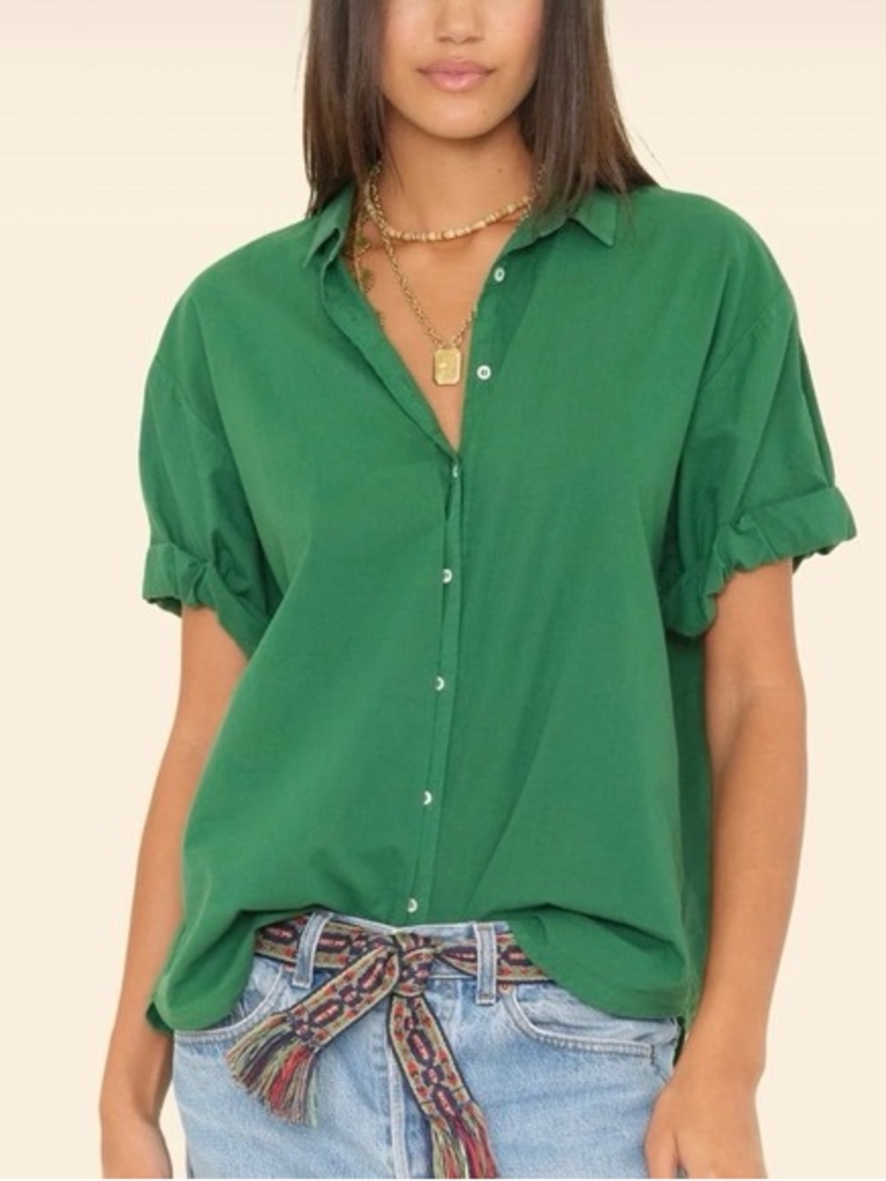Xirena Channing Short Sleeve Cotton Button Down Shirt in Green size Small